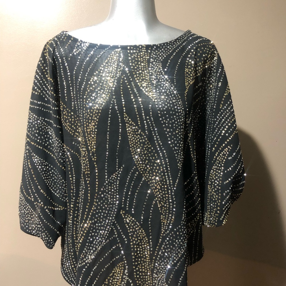 Elegant Vintage Black Gold silver Metallic Batwing Blouse Top